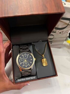 Folio Gold Accent Black Dial Men's Watch with Gold Pendant Necklace